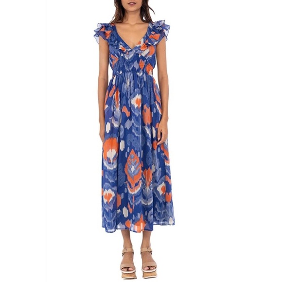 NEW Banjanan Maya Dress Sz L Ikat Soladite Blue Orange Pockets! - Picture 1 of 10